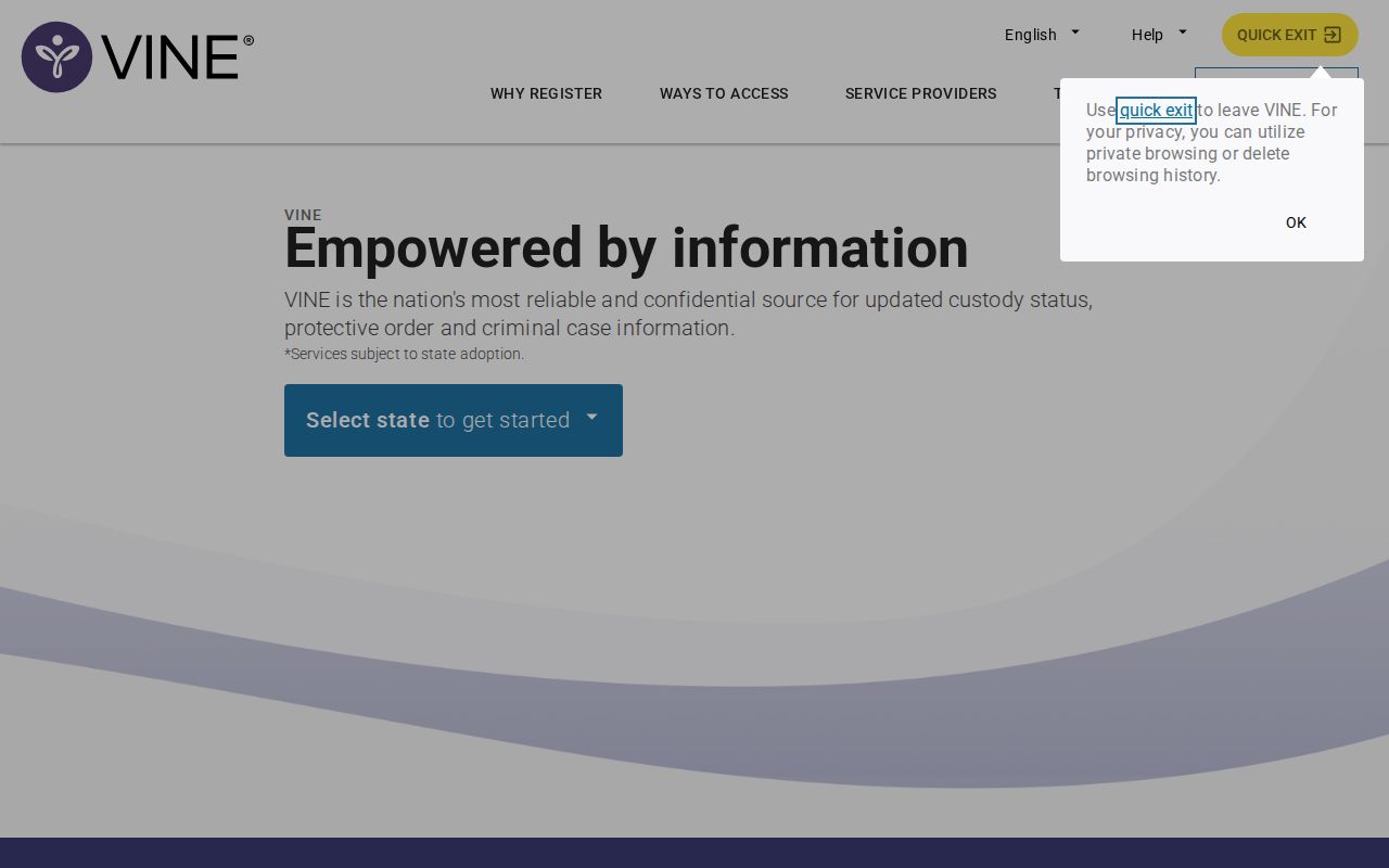 VINELink custody alert registration screen for notification choices