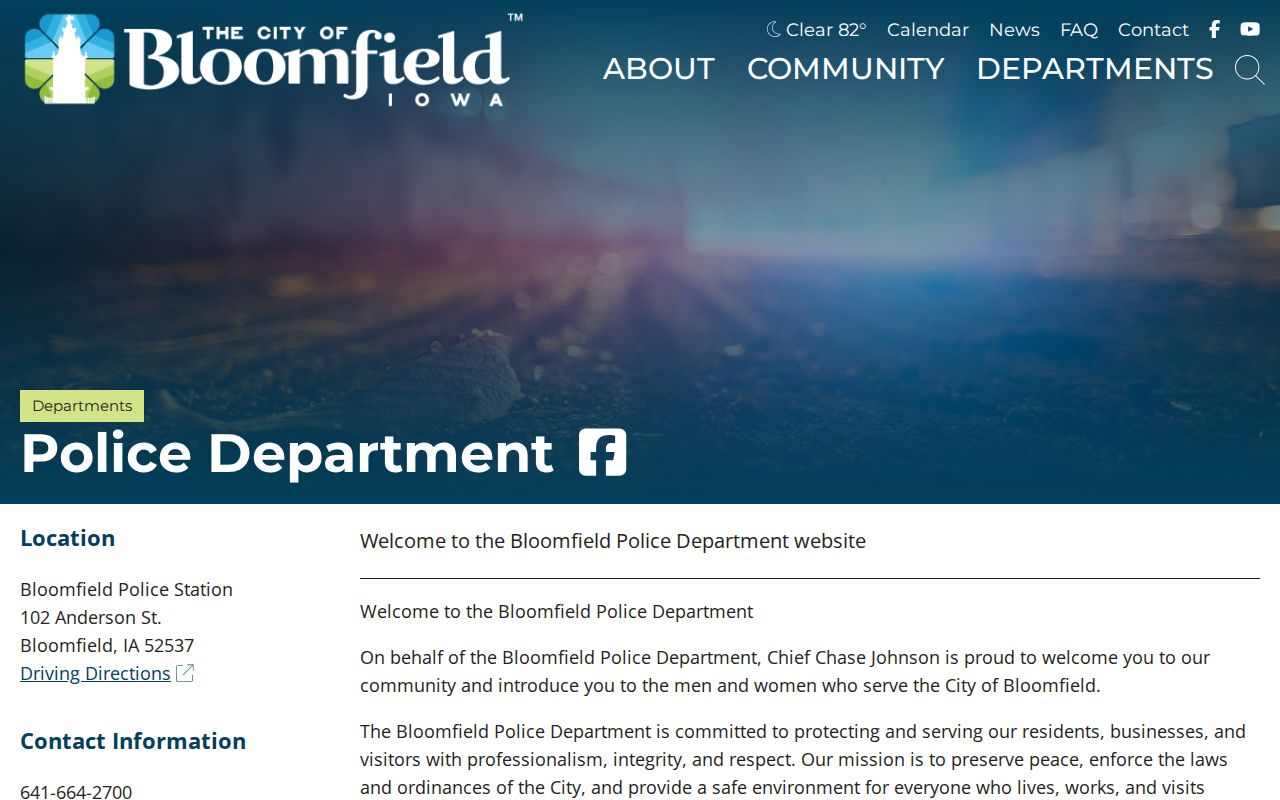 Official Bloomfield Police Department webpage with agency information