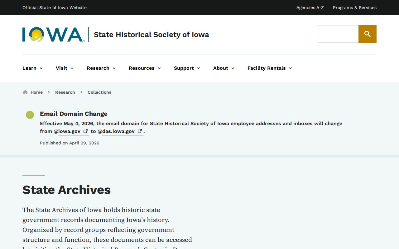 State Archives of Iowa collections landing page for historical records research